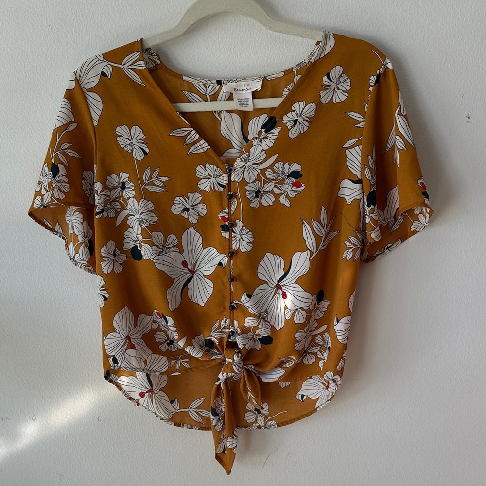 Floral Button-Down Tie-Front Top - Mustard